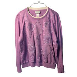 VTG Alfred Dunner Women's PL Purple Patchwork Sweatshirt Grandmacore Rhinestones